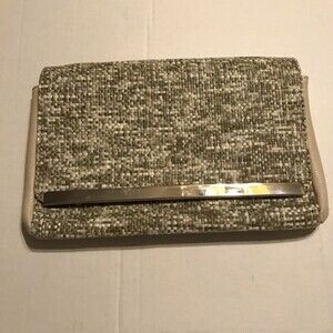 KELLY AND KATIE Tweed Clutch Handbag Chain Strap Green Tan Cream Snap Closure